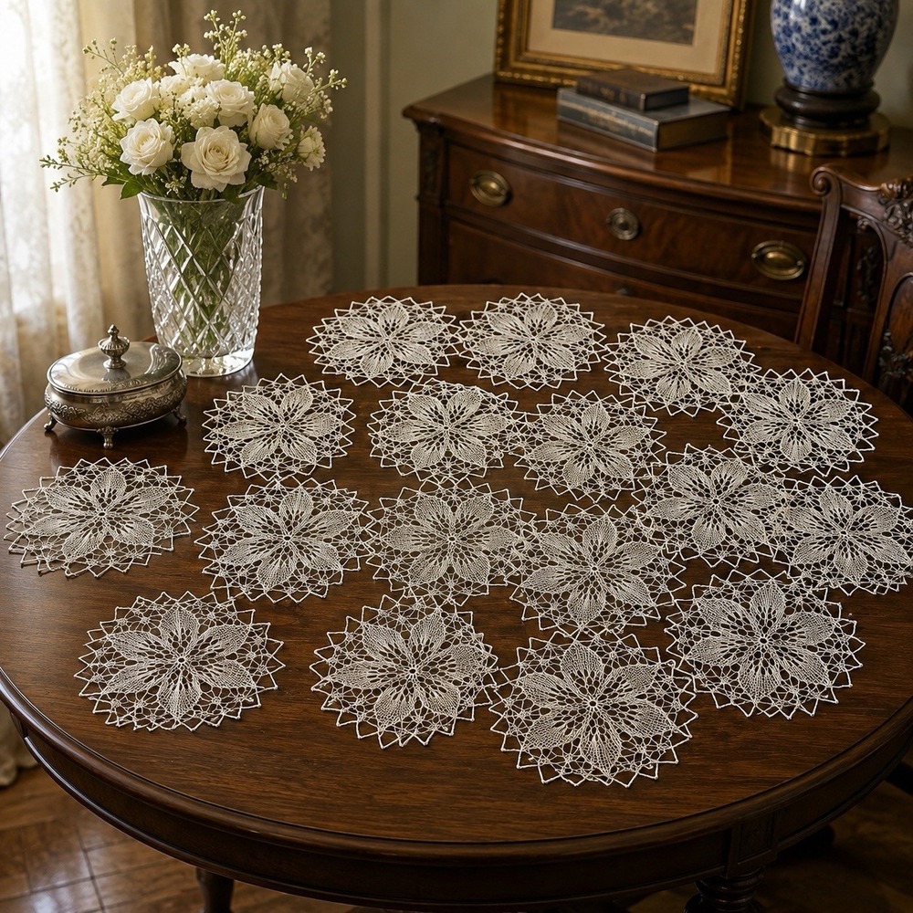 Antique Handmade Crochet Lace Doilies Lot 15 Matching Floral 8-9" Ivory Cottage